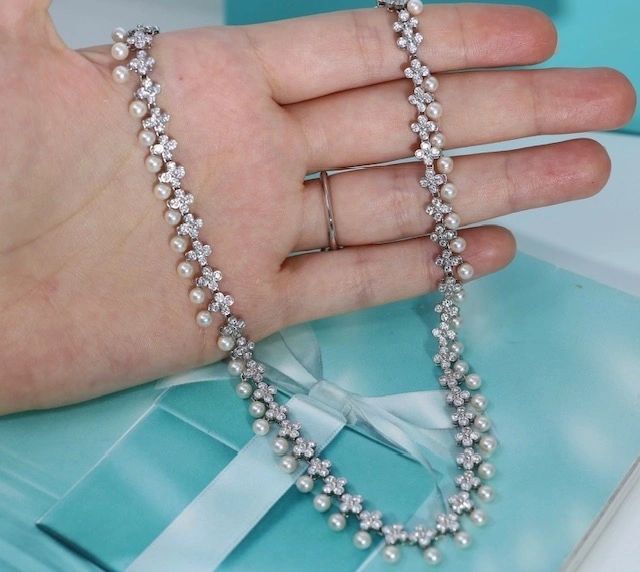 Tiffany & Co Lace 5.0CTW Diamond Pearls Tennis Necklace In Platinum