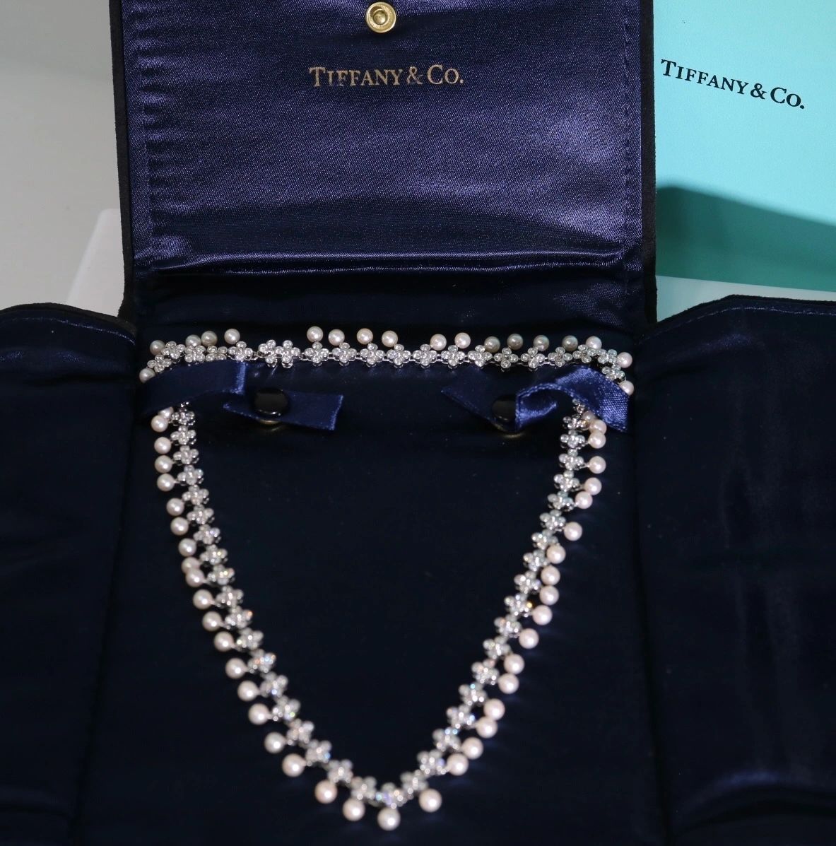 Tiffany & Co Lace 5.0CTW Diamond Pearls Tennis Necklace In Platinum