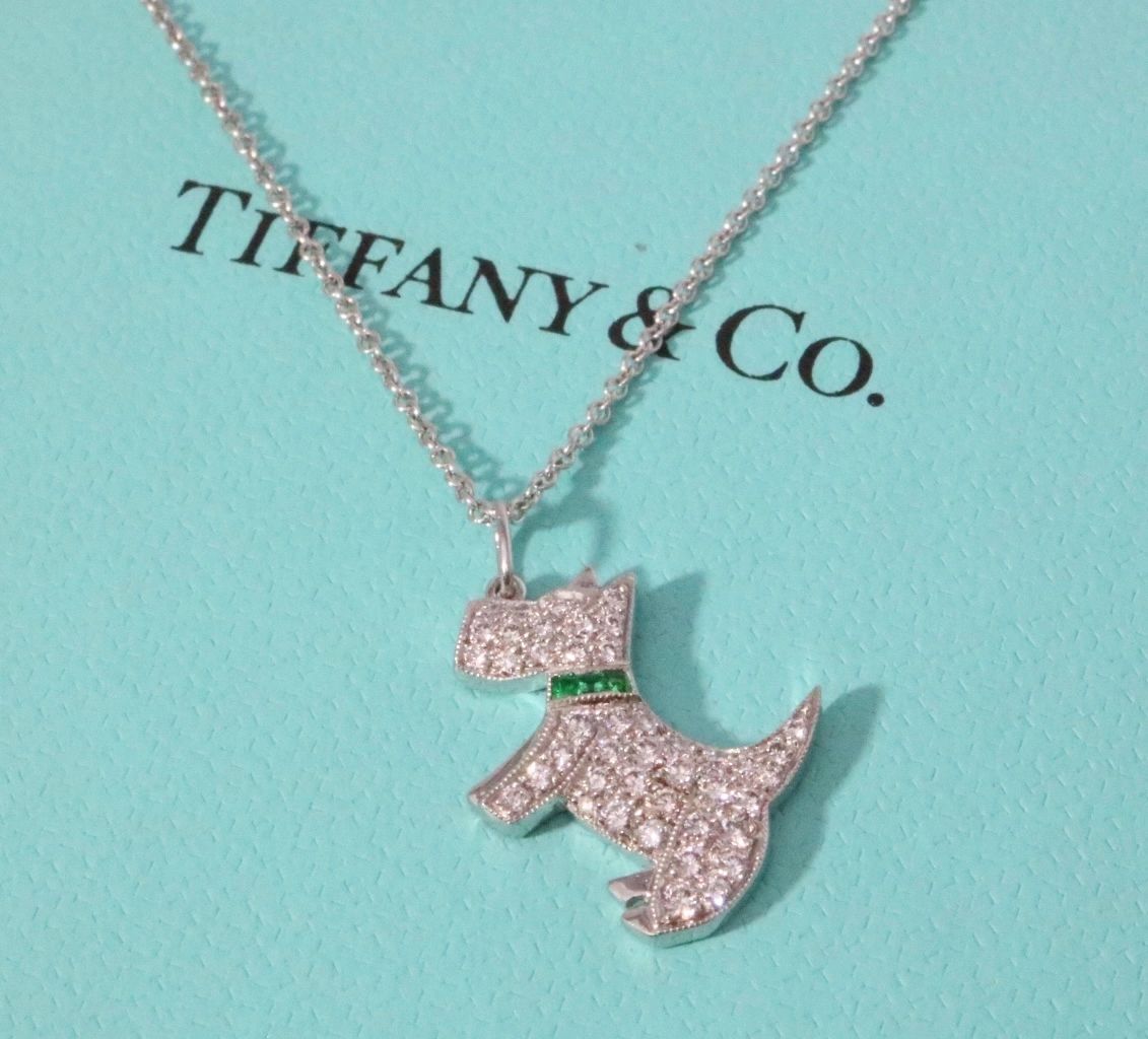 Tiffany & Co Platinum .30CT Diamond And Emerald Scottie Dog Pendant Necklace