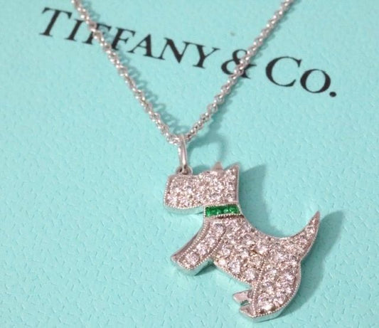 Tiffany & Co Platinum .30CT Diamond And Emerald Scottie Dog Pendant Necklace