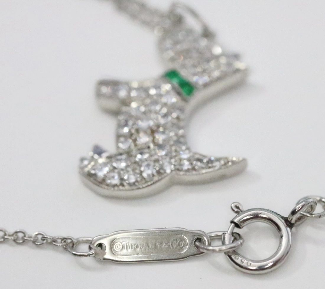 Tiffany & Co Platinum .30CT Diamond And Emerald Scottie Dog Pendant Necklace