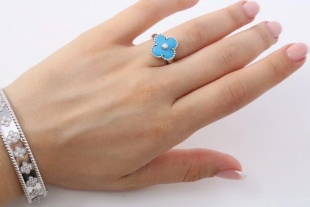 Van Cleef & Arpels Vintage Alhambra 18k White Gold Diamond Turquoise Ring