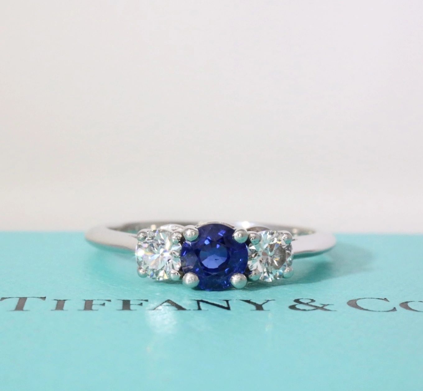 Tiffany & Co 3 stone Diamond & Sapphire Engagement Ring In Platinum