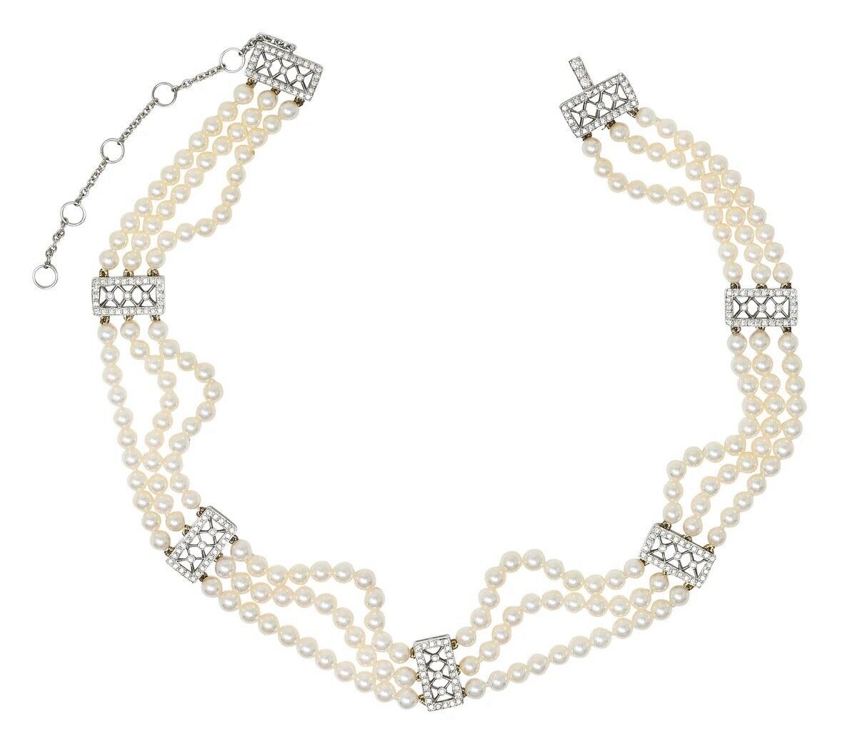 Tiffany & Co Platinum Voile 3 Strand Pearls Diamond & Choker Necklace