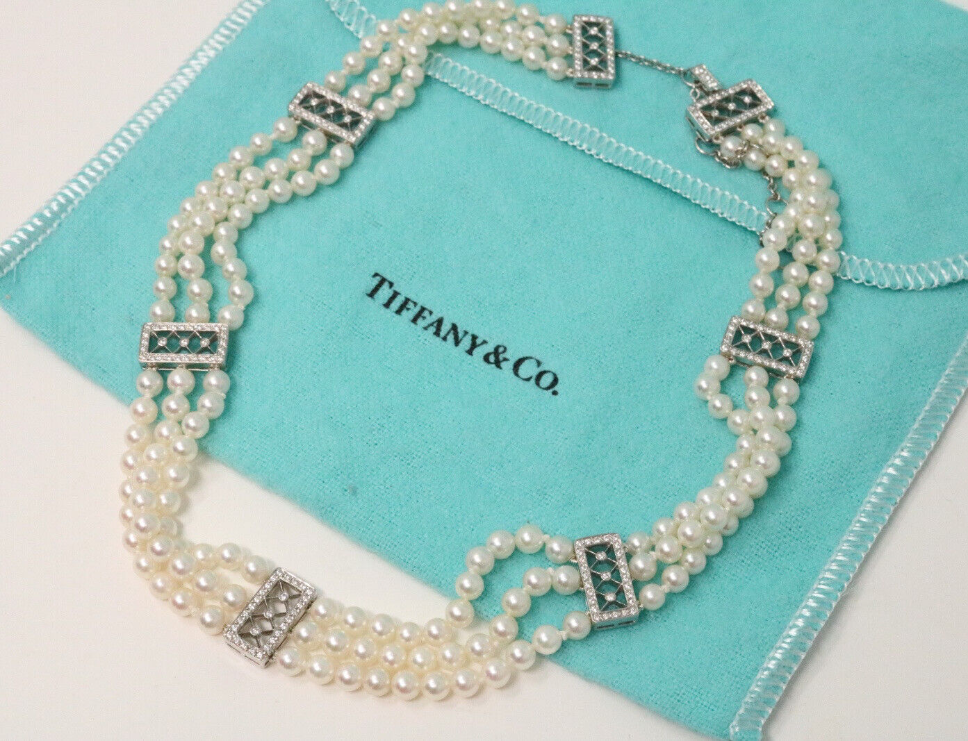 Tiffany & Co Platinum Voile 3 Strand Pearls Diamond & Choker Necklace