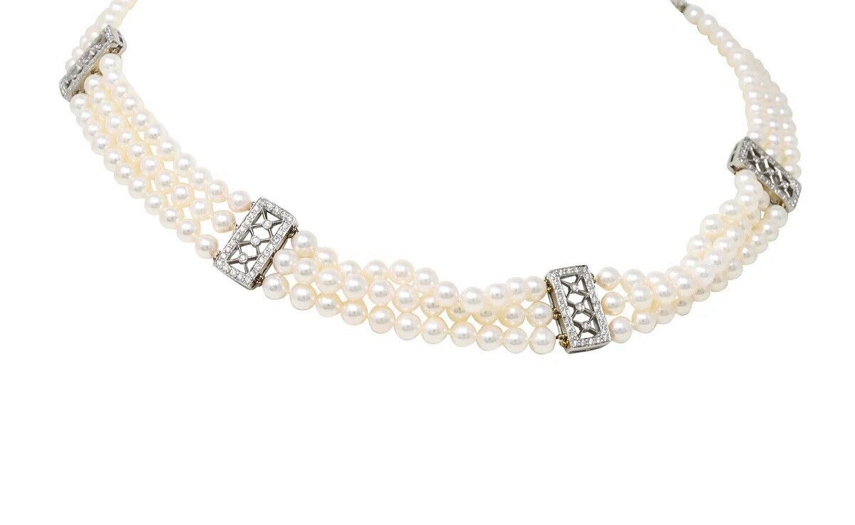 Tiffany & Co Platinum Voile 3 Strand Pearls Diamond & Choker Necklace