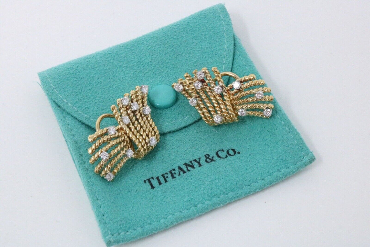 Tiffany and Co Shlumberger .91ct Diamond Stud Earrings V Fan Rope 18K Gold