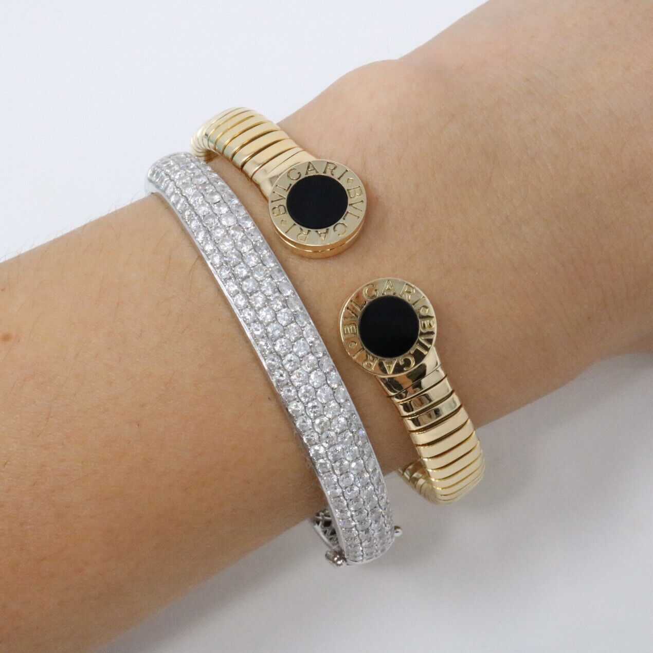 Bvlgari Tubogas Cuff Bangle Bracelet 18K Yellow Gold And Onyx