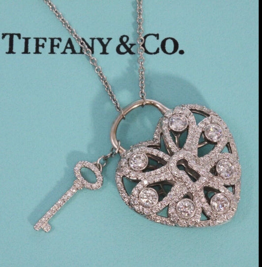 Tiffany & Co 18k 1.44ct Diamond Filigree Lock Heart Key Pendant Necklace