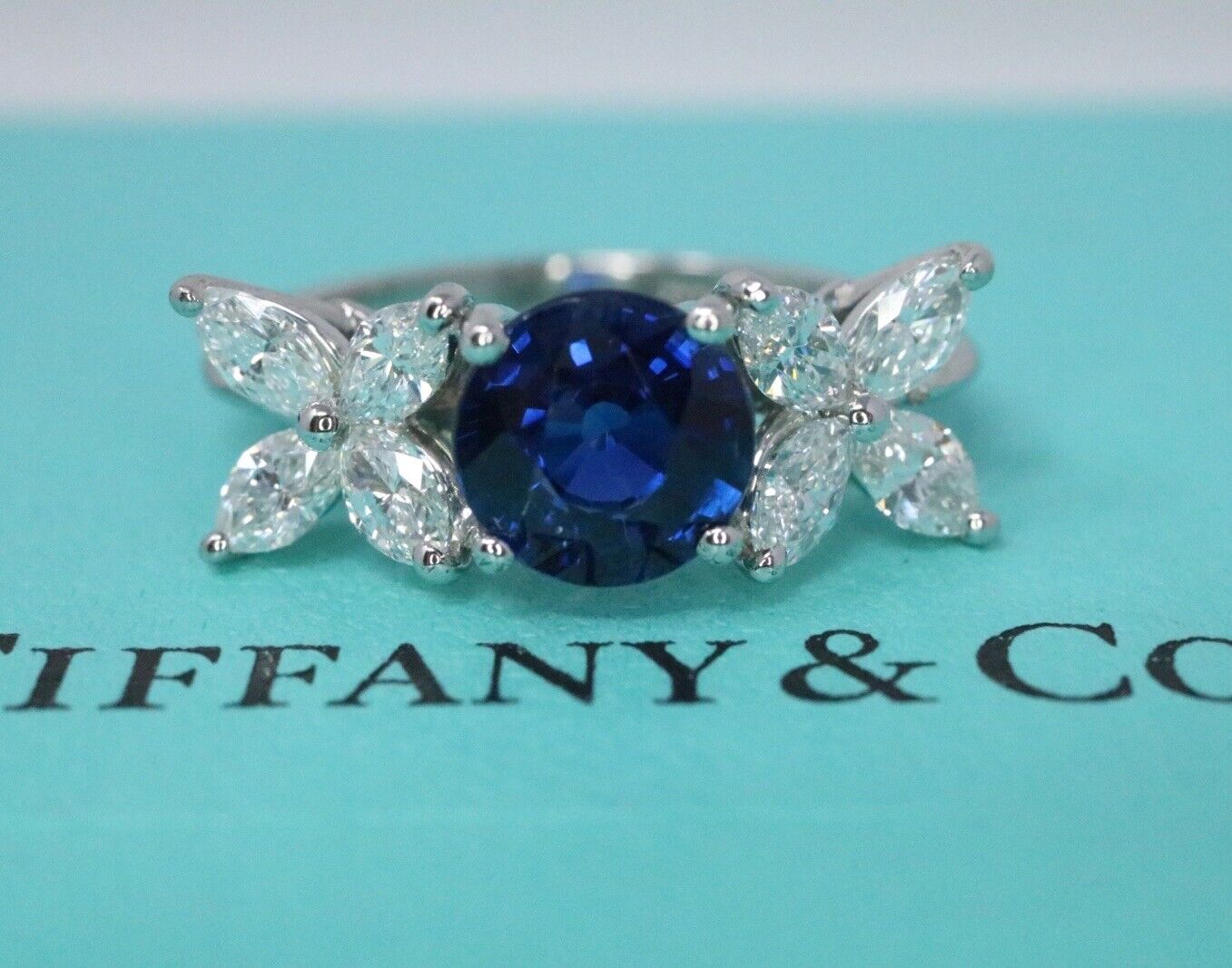 Tiffany & Co Platinum Victoria Blue Sapphire Marquise Diamond Ring 2.60ctw