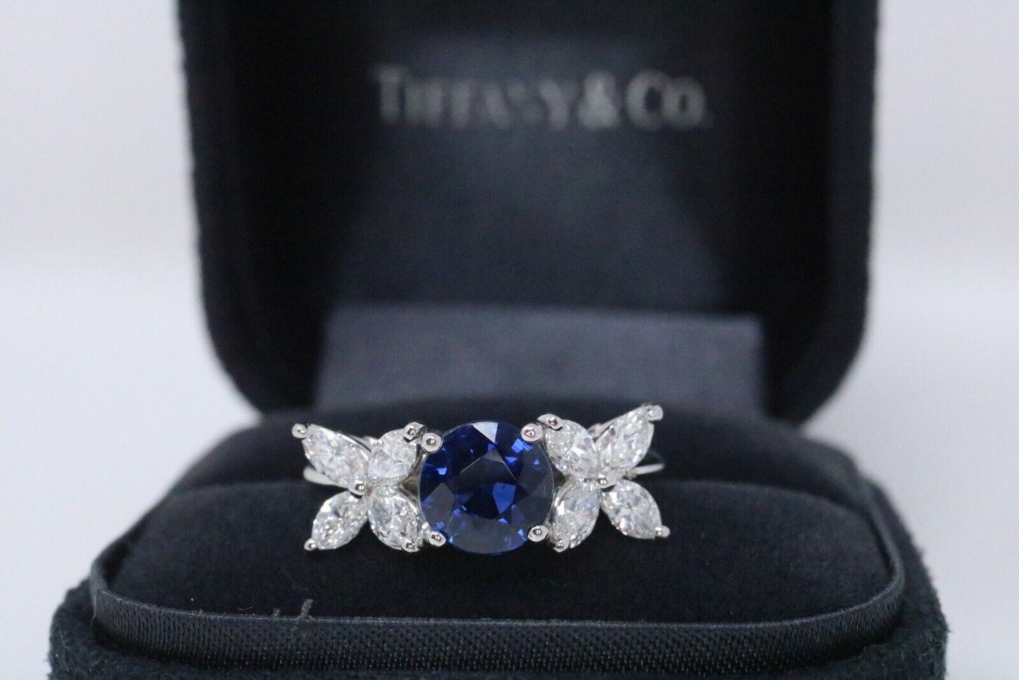 Tiffany & Co Platinum Victoria Blue Sapphire Marquise Diamond Ring 2.60ctw