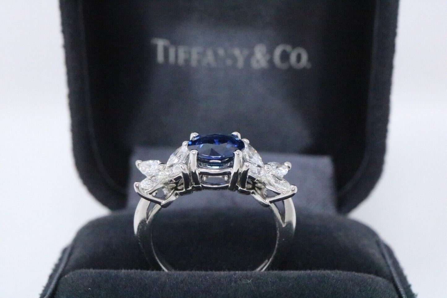 Tiffany & Co Platinum Victoria Blue Sapphire Marquise Diamond Ring 2.60ctw