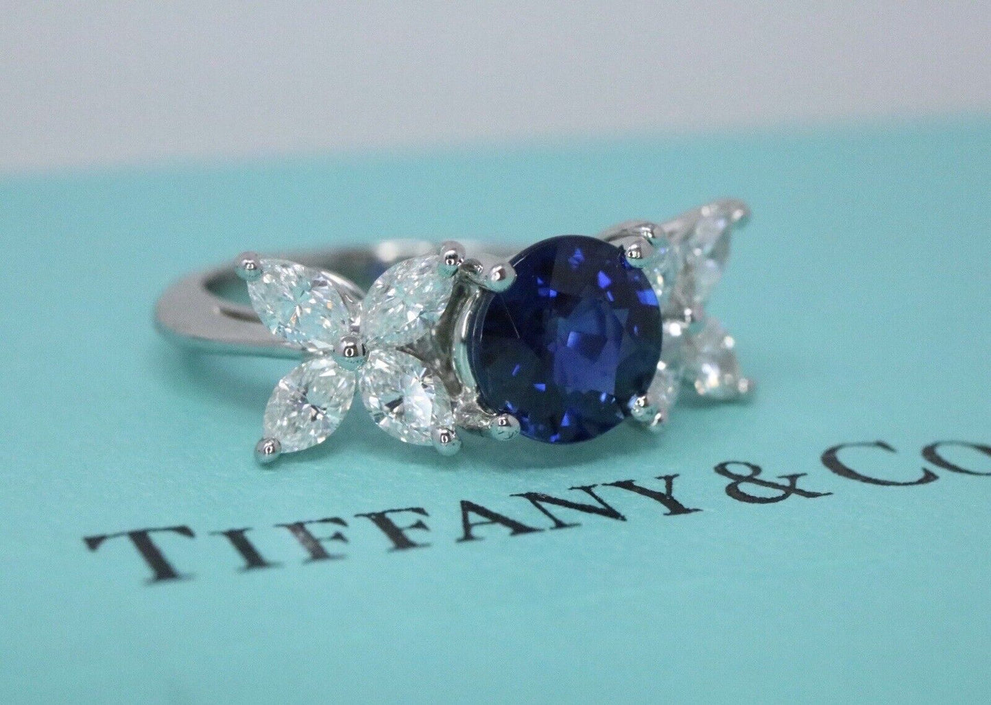 Tiffany & Co Platinum Victoria Blue Sapphire Marquise Diamond Ring 2.60ctw