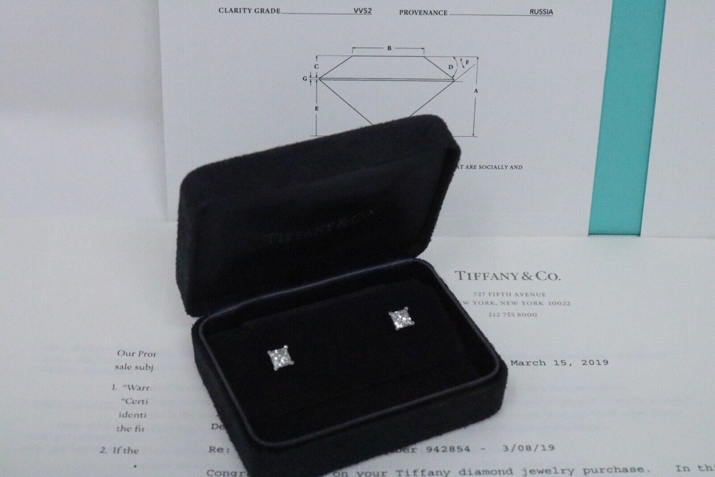 Tiffany & Co Platinum 1.56ct VVS2 Princess Cut Diamond Stud Earrings