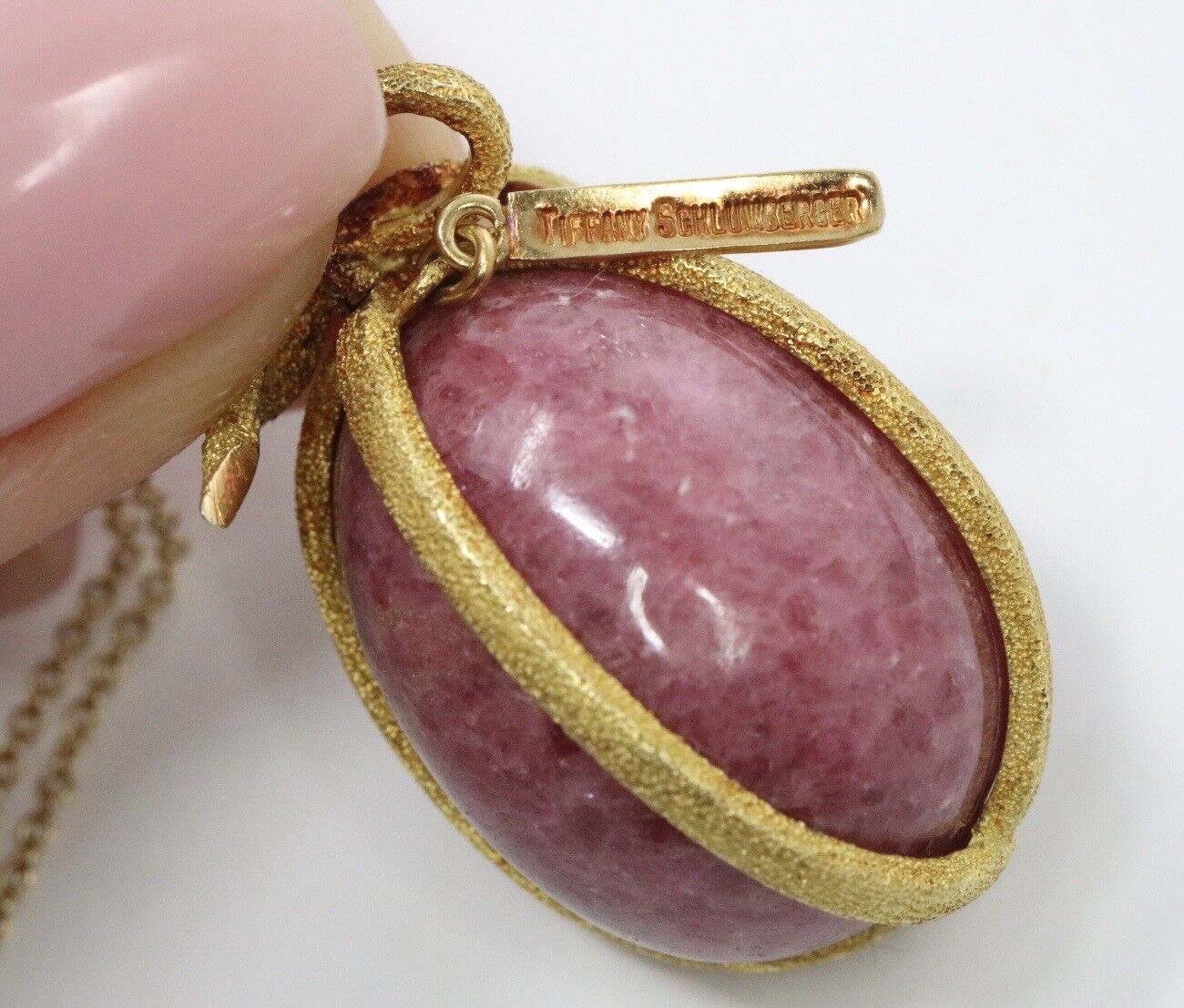 Tiffany & Co Schlumberger 18K Large Rhodonite Egg Charm Pendant Necklace