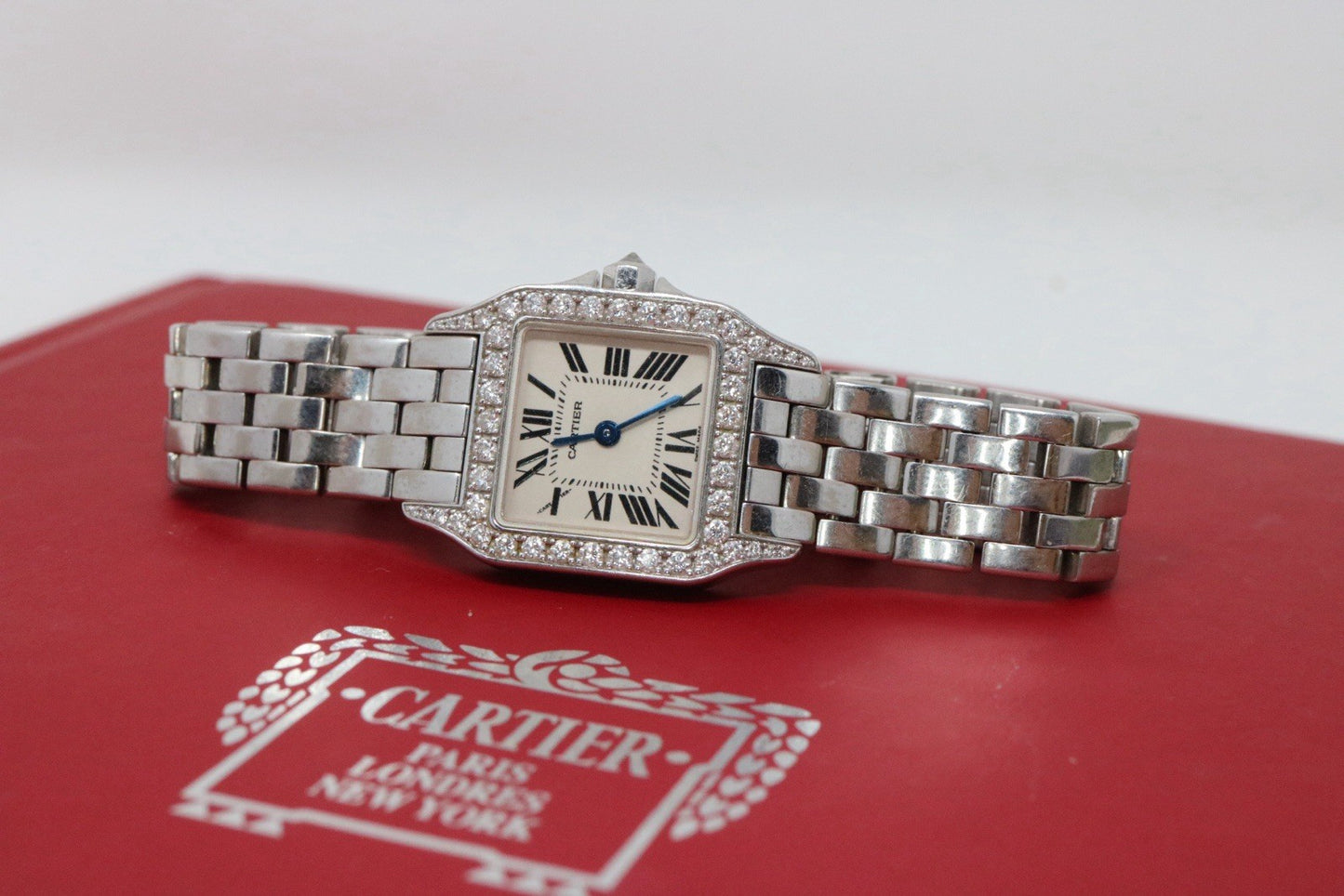 Cartier Santos Demoiselle 18k White Gold and Diamond Bezel Watch 20mm