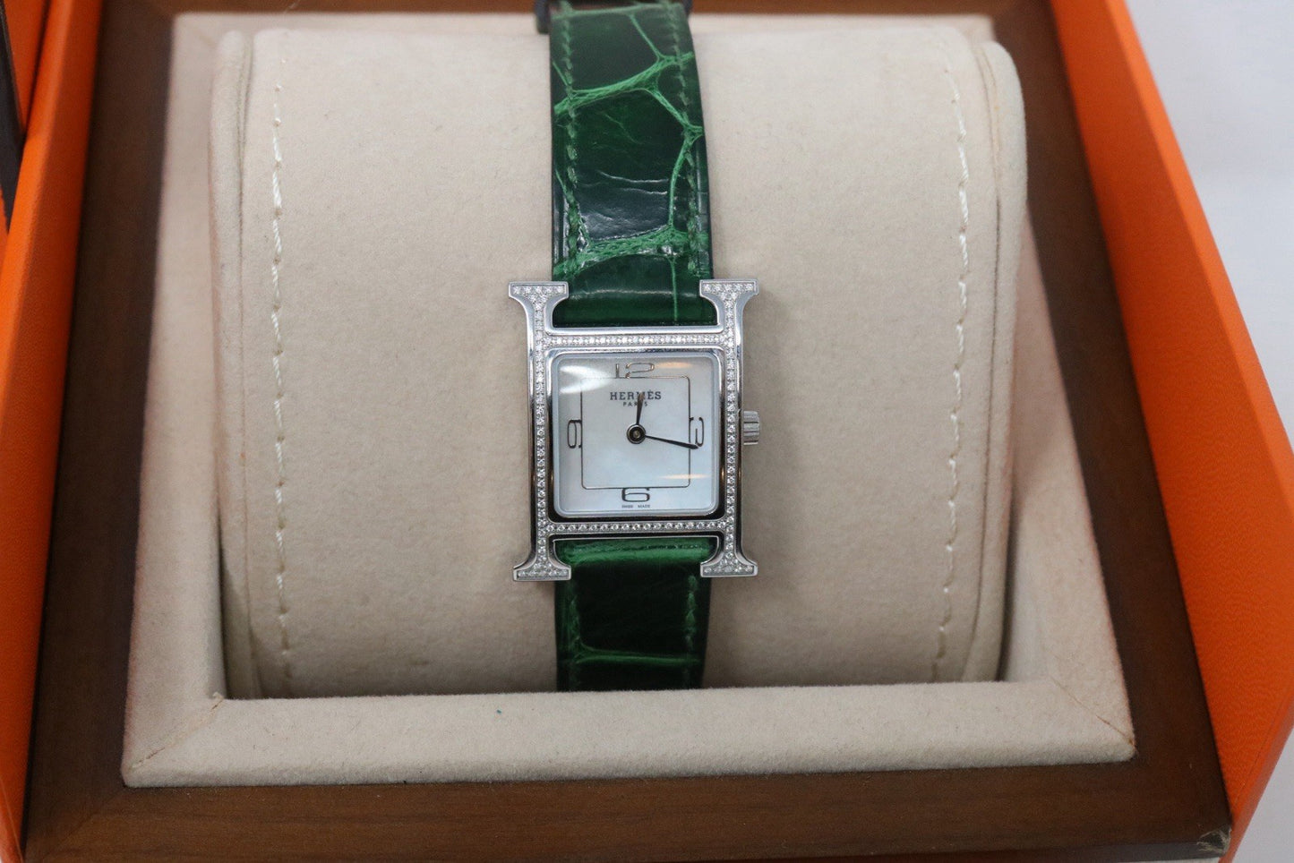 Hermes Women's Heure H Swiss Leather Strap Diamonds Quartz Watch Small 25mm