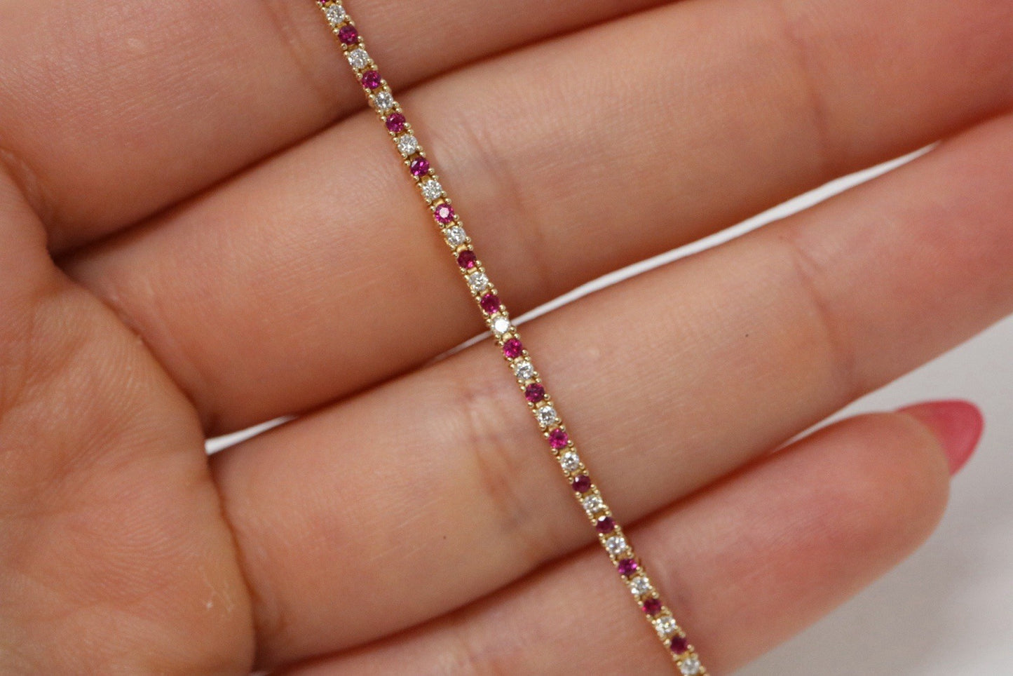 Natural Round Diamond & Ruby  Tennis Bracelet 14k Yellow Gold Rtl $4k