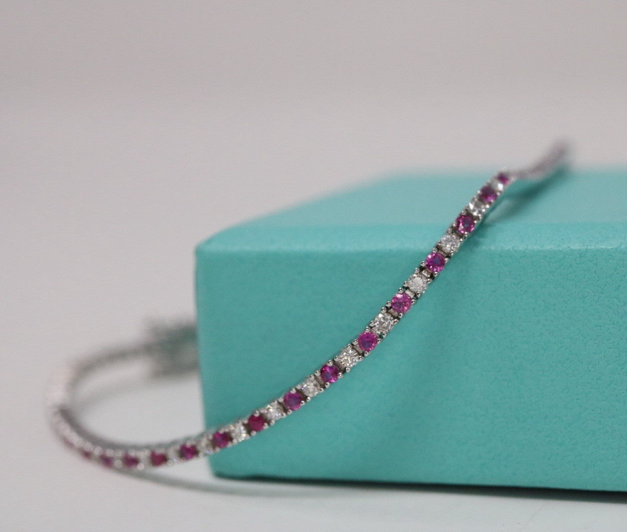 Natural Round Diamond & Ruby  Tennis Bracelet 14k White Gold Rtl $4k