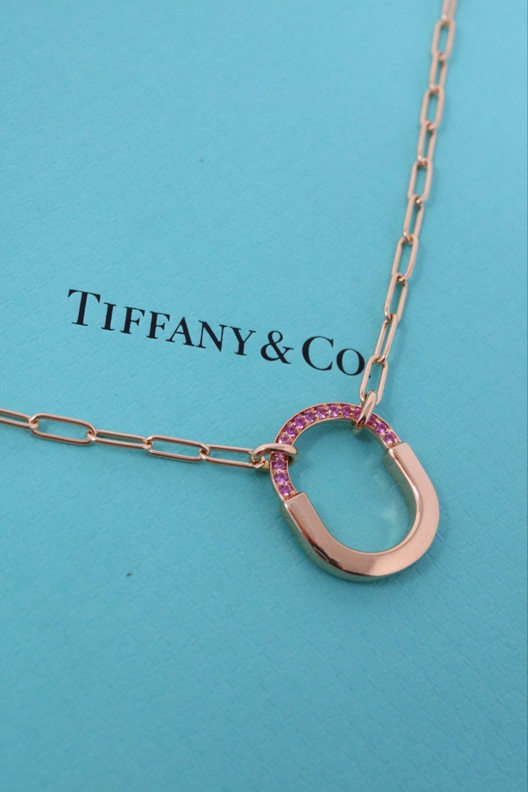 Tiffany & Co Lock Pendant Necklace 18K Rose Gold And Pink Sapphire $5200