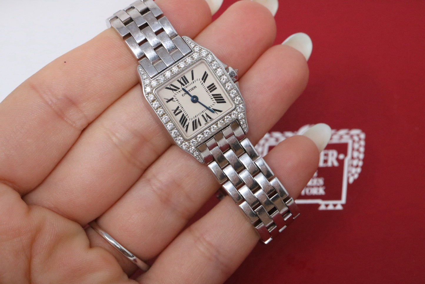 Cartier Santos Demoiselle 18k White Gold and Diamond Bezel Watch 20mm