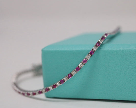 Natural Round Diamond & Ruby  Tennis Bracelet 14k White Gold Rtl $4k