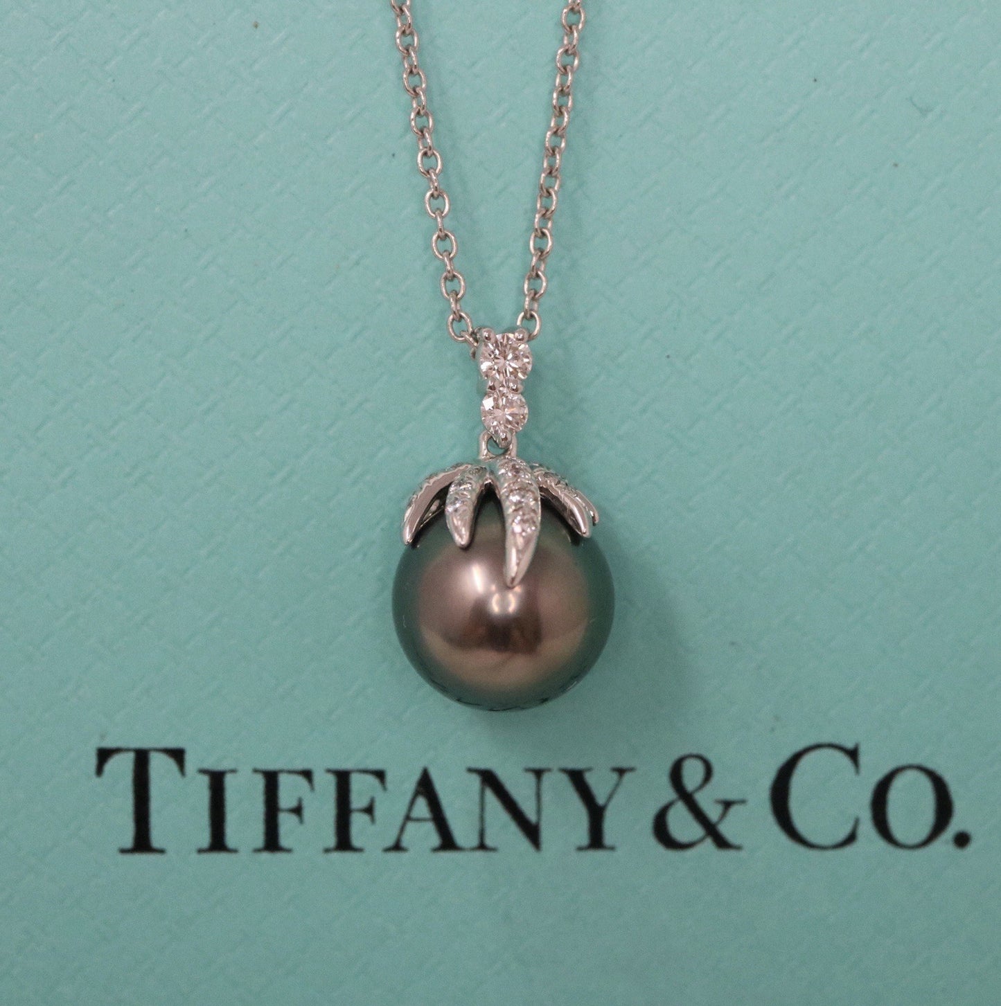 Tiffany & Co Fireworks Platinum Tahitian Pearl & Diamond Pendant Necklace $5k