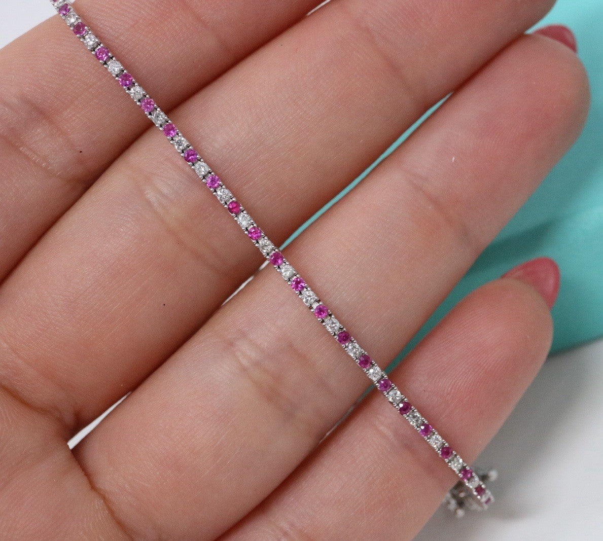 Natural Round Diamond & Ruby  Tennis Bracelet 14k White Gold Rtl $4k