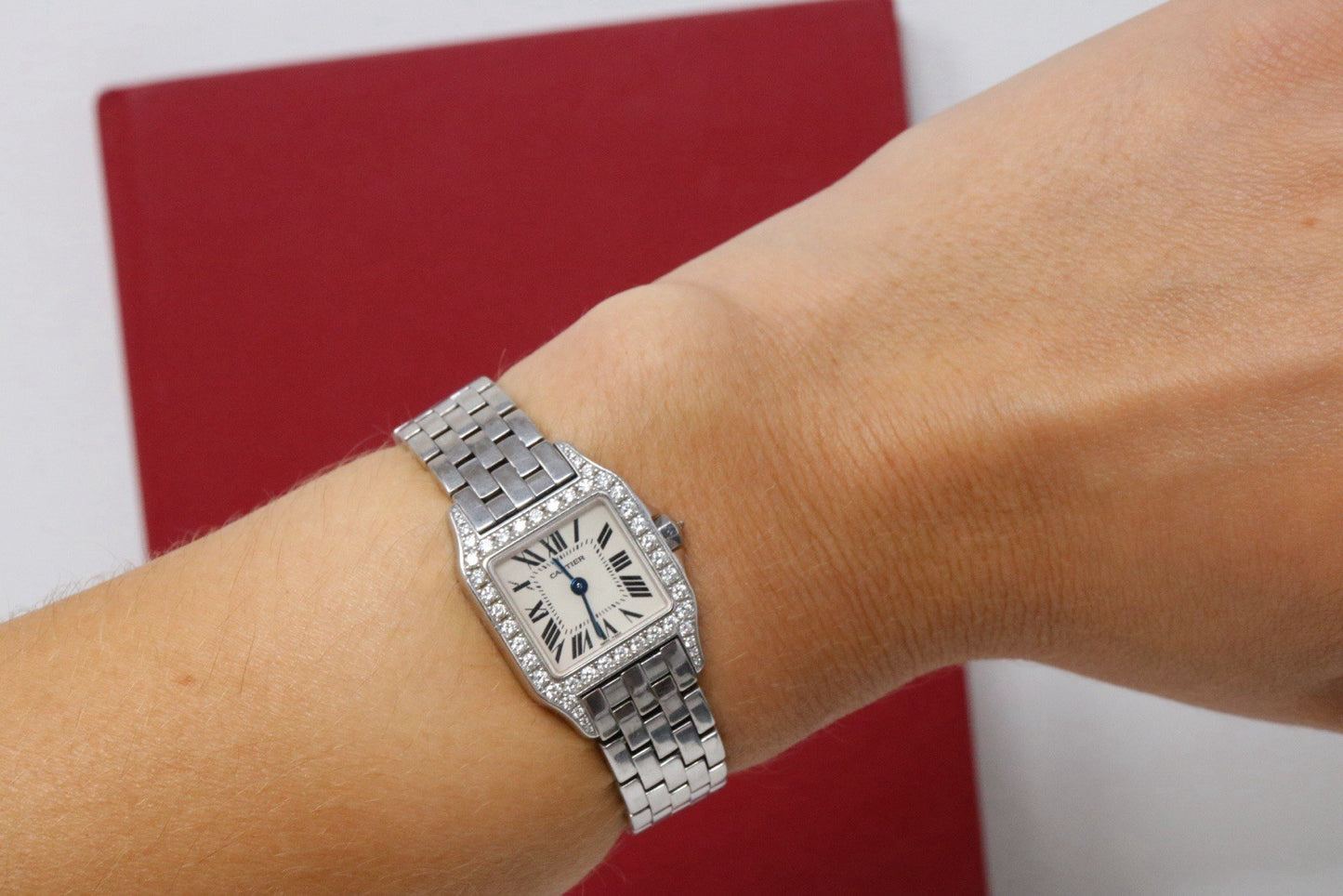 Cartier Santos Demoiselle 18k White Gold and Diamond Bezel Watch 20mm