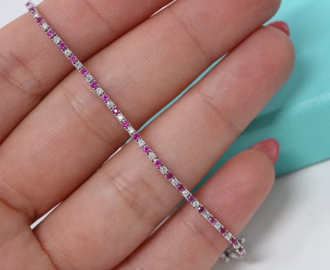 Natural Round Diamond & Ruby  Tennis Bracelet 14k White Gold Rtl $4k