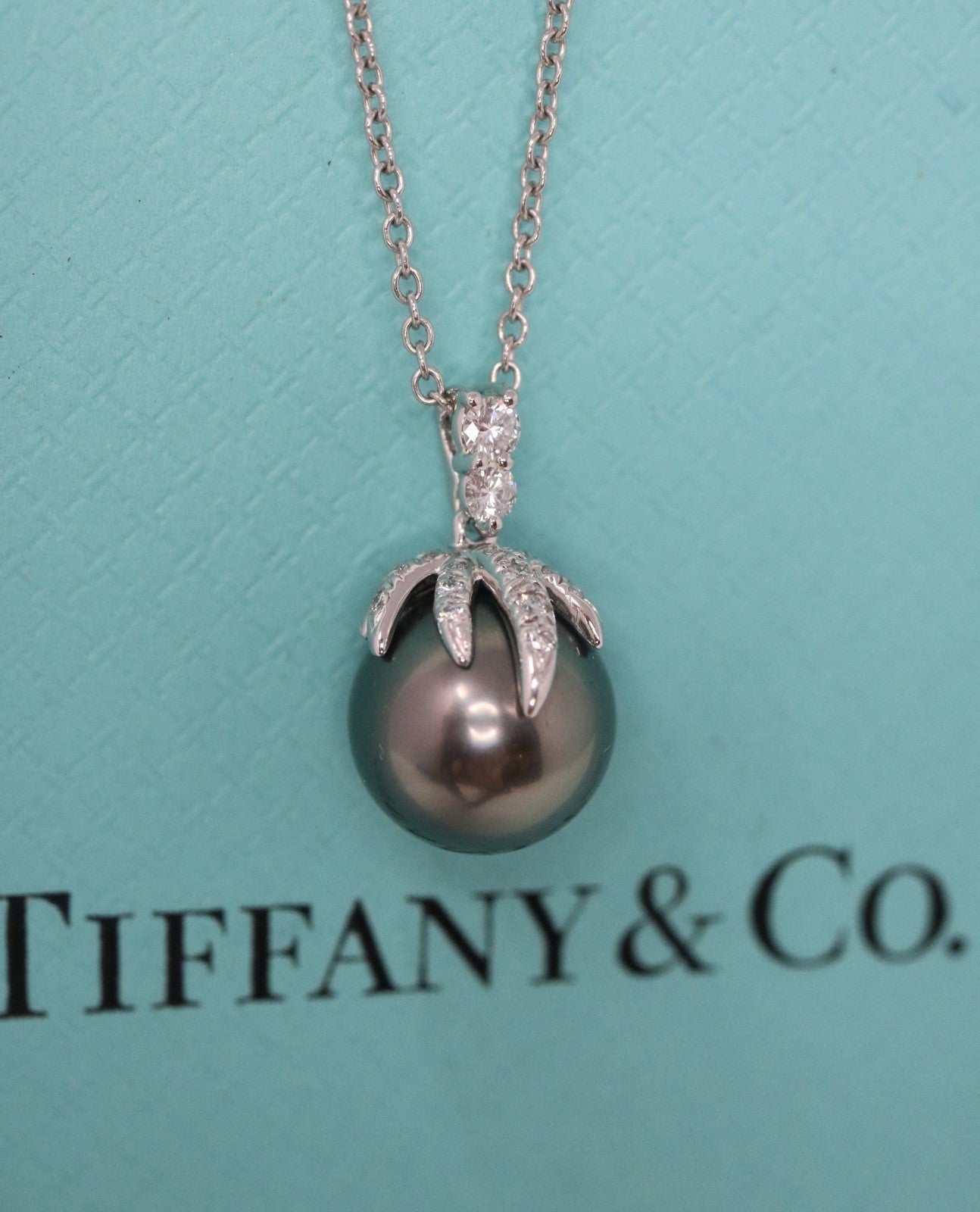 Tiffany & Co Fireworks Platinum Tahitian Pearl & Diamond Pendant Necklace $5k