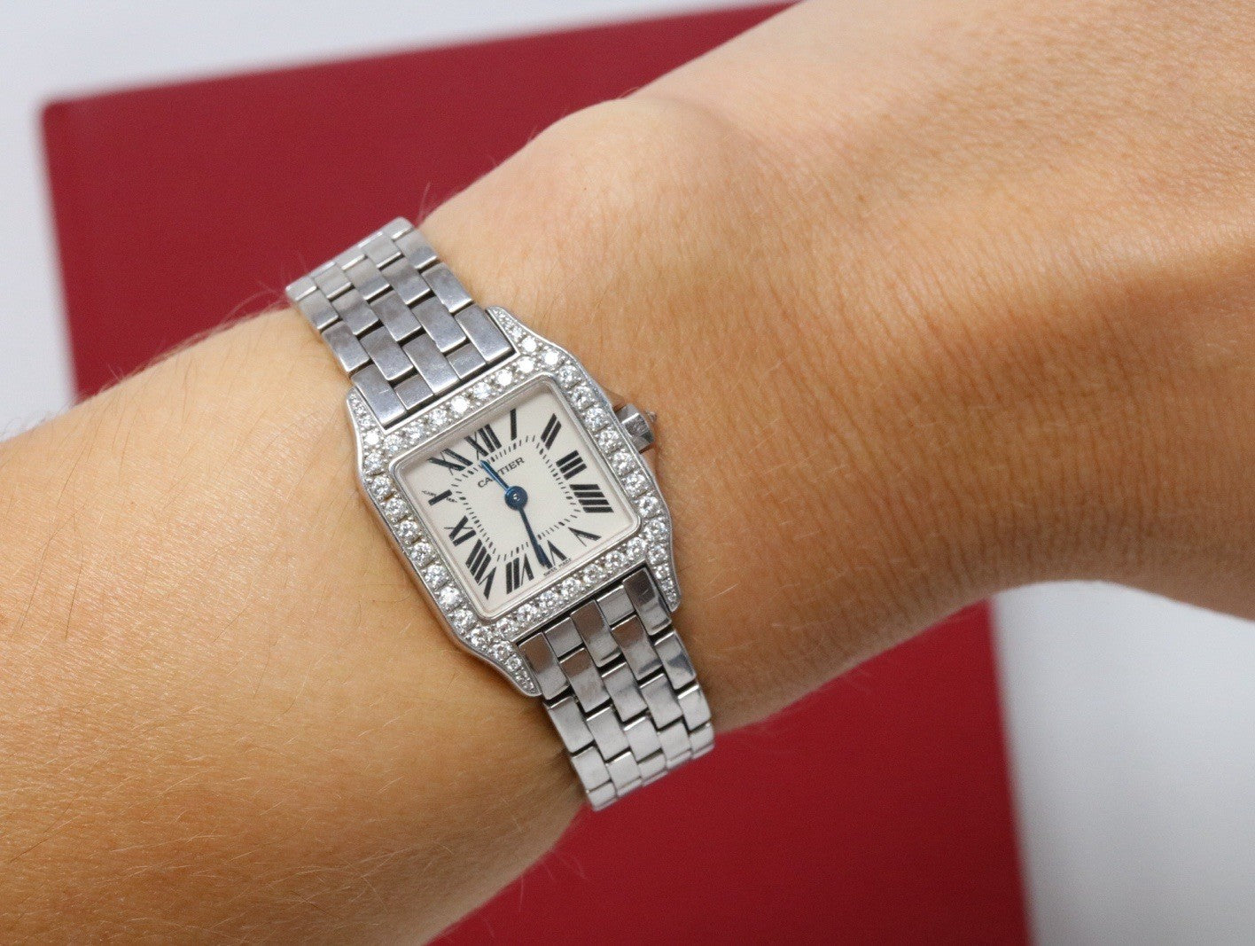 Cartier Santos Demoiselle 18k White Gold and Diamond Bezel Watch 20mm