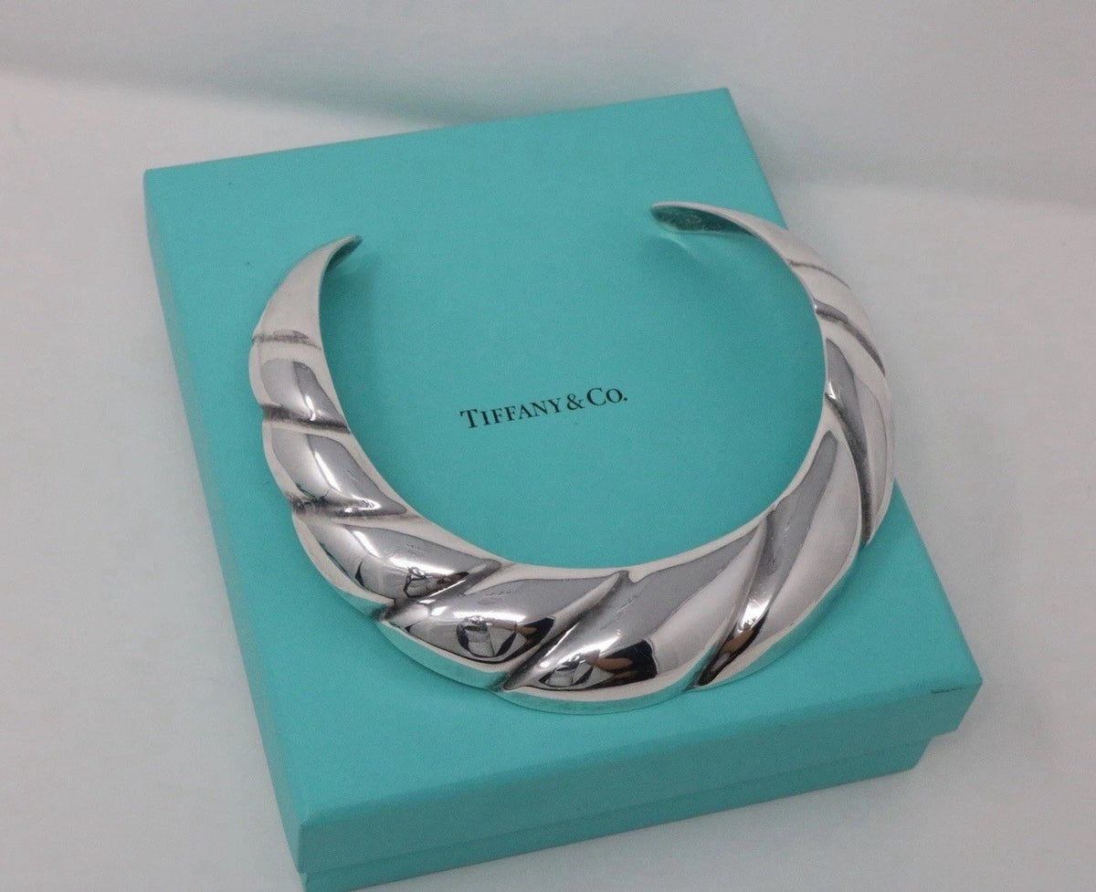 Tiffany & Co Sterling Silver Ribbed Collar Cuff Choker Necklace 925