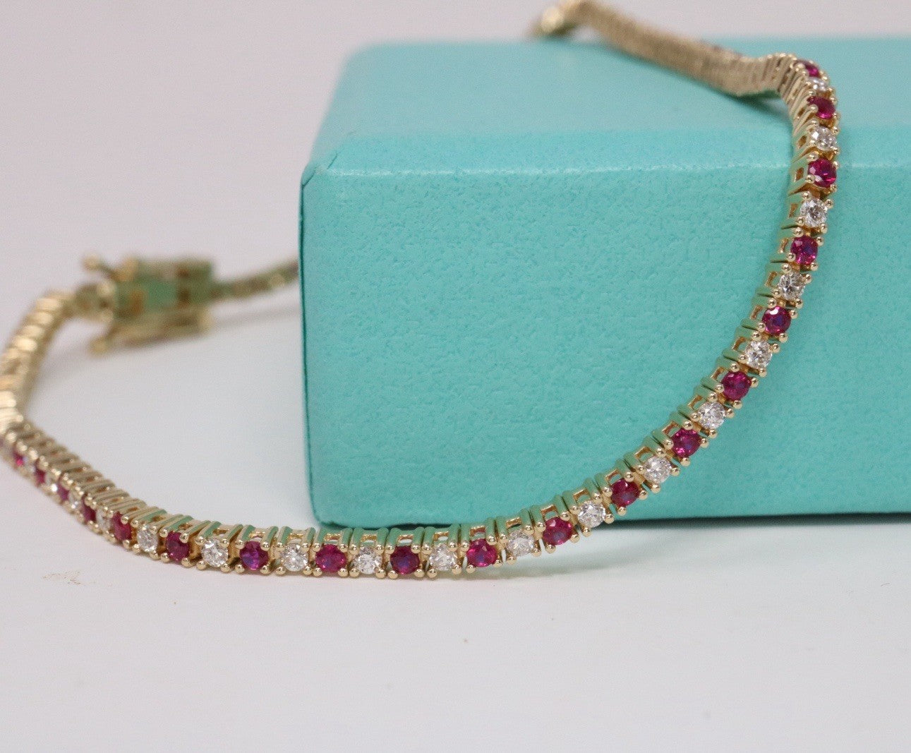 Natural Round Diamond & Ruby  Tennis Bracelet 14k Yellow Gold Rtl $4k