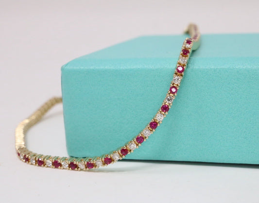 Natural Round Diamond & Ruby  Tennis Bracelet 14k Yellow Gold Rtl $4k
